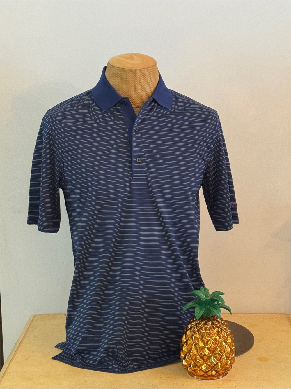 Greg Norman Collection Navy and Light Blue Striped Polo